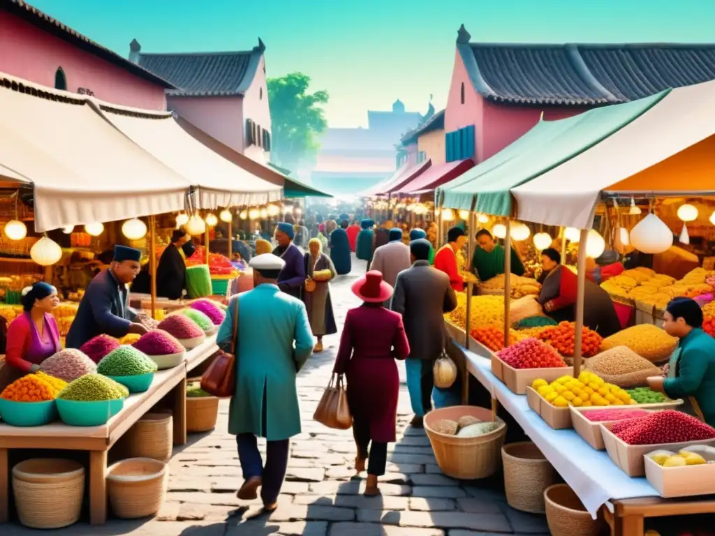 Mercado artesanal vibrante: artesanos y clientes en acción Un bullicioso mercado de artesanos con productos hechos a mano y colores vibrantes, evocando la artesanía y la comunidad