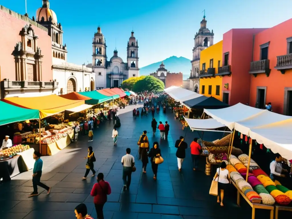 Un bullicioso mercado callejero en la Ciudad de México, rebosante de colorido arte popular mexicano