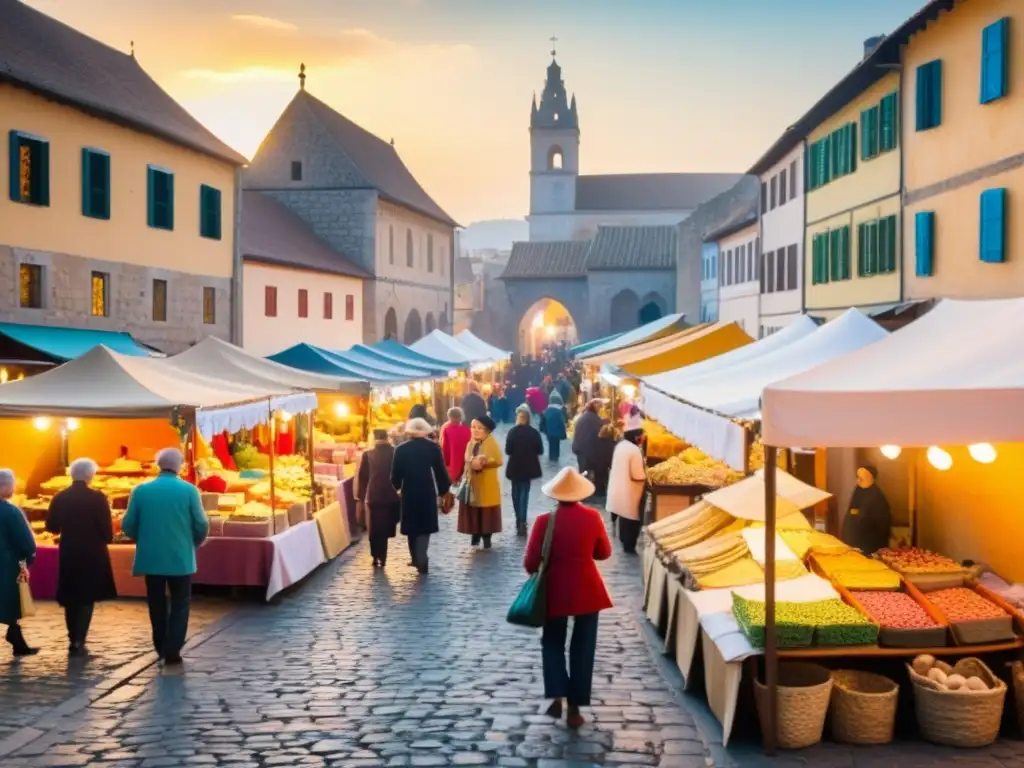 Un bullicioso mercado lleno de puestos coloridos vendiendo artesanías y delicias locales bajo el cálido sol