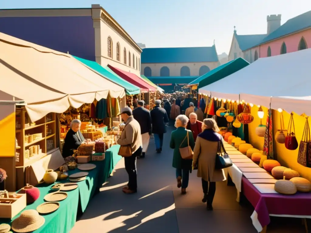 Un bullicioso mercado vintage con artesanías y colores vibrantes, evocando la psicología del color en las ventas en línea