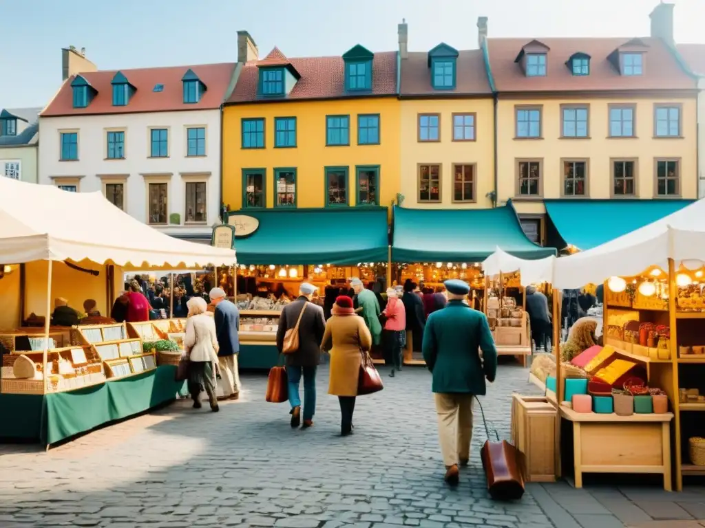 Un bullicioso mercado vintage con artesanos y clientes, expositores coloridos y una cálida atmósfera nostálgica