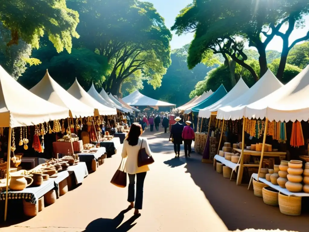 Un bullicioso mercado vintage con artesanos vendiendo tejidos, cerámica y joyas