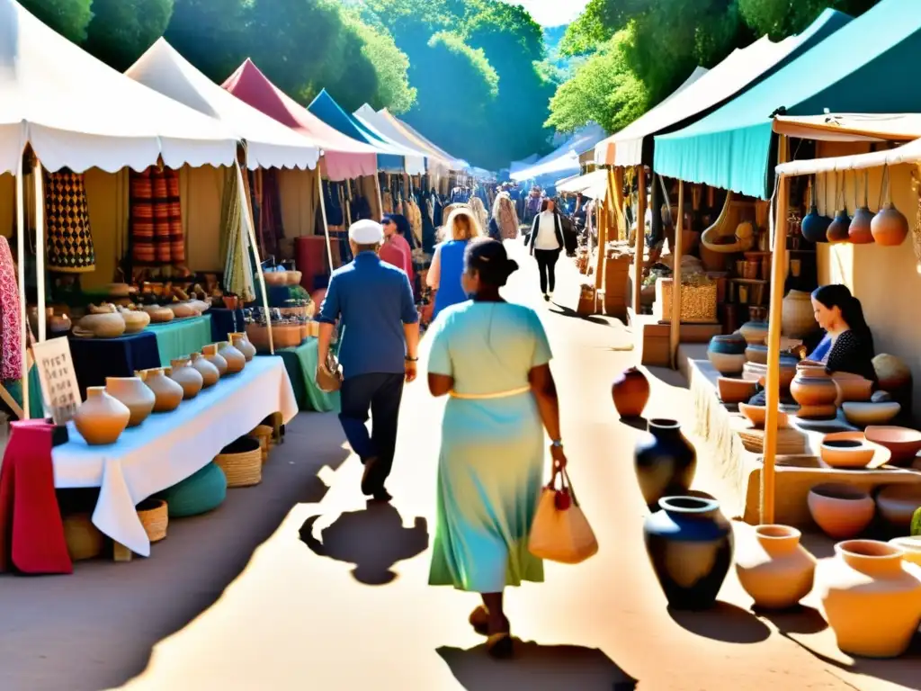 Un bullicioso mercado vintage con artesanos mostrando su artesanía digital, incluyendo cerámica intrincada, textiles tejidos a mano y joyería única, bajo el cálido sol filtrado por toldos coloridos, creando una atmósfera vibrante