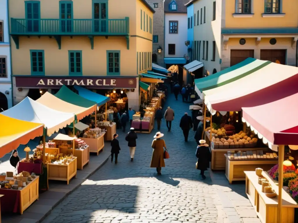 Un bullicioso mercado vintage con estrategias de precios en artesanía digital bajo coloridas carpas, creando una atmósfera nostálgica y creativa