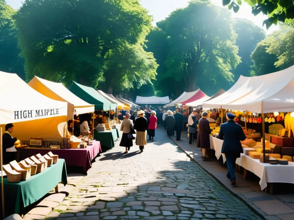 Un bullicioso mercado vintage con puestos coloridos y gente disfrutando de productos artesanales, evocando nostalgia y encanto