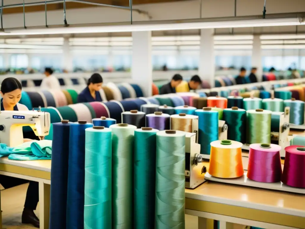 Un bullicioso taller de upcycling textil con tecnologías emergentes, donde artesanos transforman prendas usadas en nuevas creaciones de moda