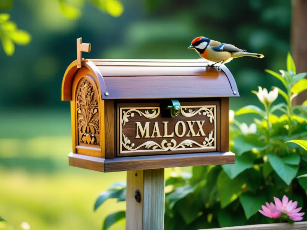 Una caja de correo de madera artesanal vintage, con motivos tradicionales y exquisitos detalles, en un entorno natural y soleado