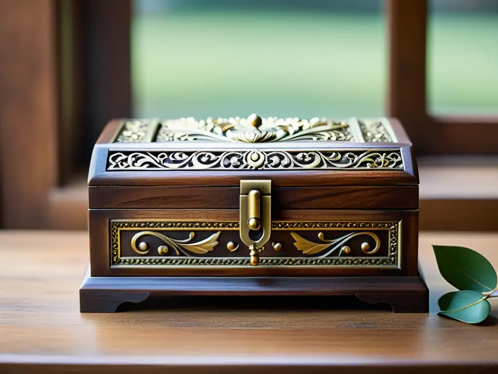 Una caja de joyería de madera vintage descansa sobre una mesa antigua