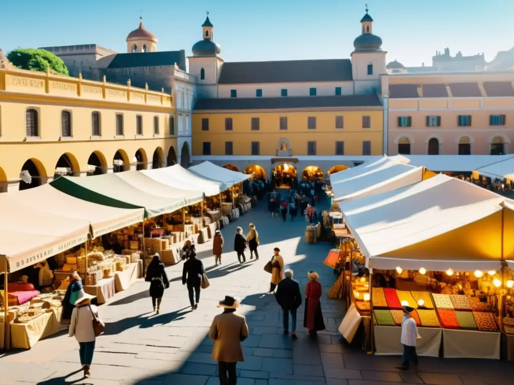 Calendario interactivo eventos artesanía: Mercado artesanal vibrante con colores, texturas y tradiciones, envuelto en cálida luz dorada