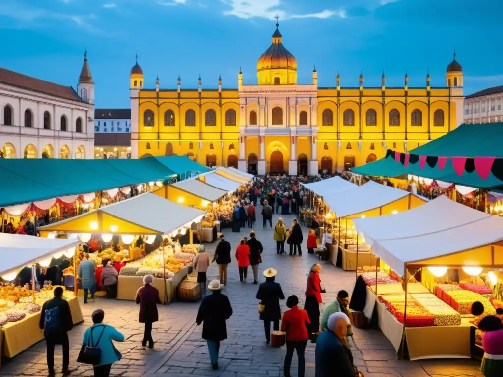 Calendario interactivo eventos artesanía: Mercado artesanal bullicioso con puestos coloridos y música tradicional en un entorno histórico