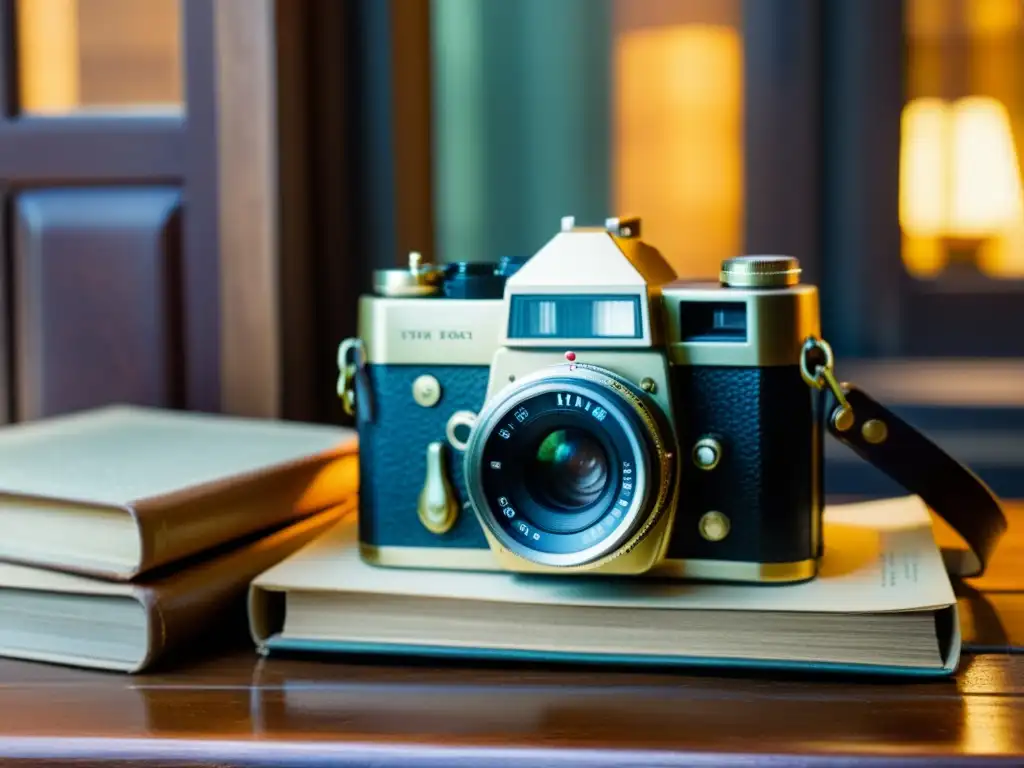 Una cálida escena de fotografía artesanal con una cámara vintage, rollos de película y libros antiguos, iluminada por luz suave