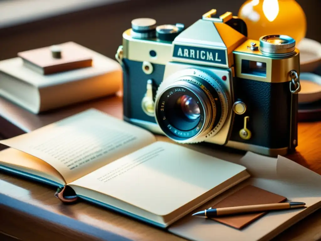 Una cálida escena de fotografía artesanal digital, capturando la esencia del storytelling con una cámara vintage y detalles cuidadosamente dispuestos