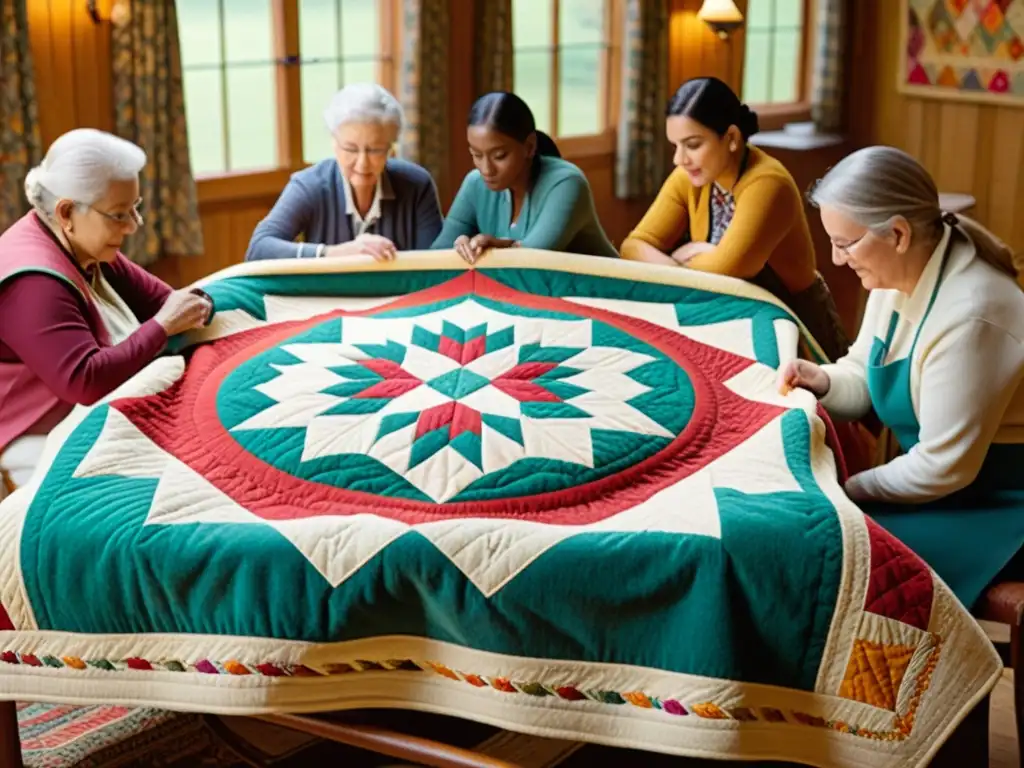 Un cálido círculo de quilting donde artesanos crean juntos, reflejando la camaradería de las comunidades de quilting online