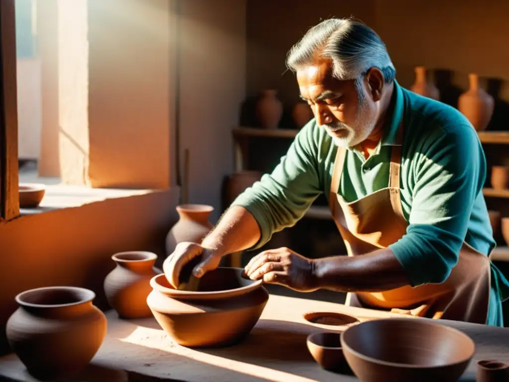 Un cálido taller artesanal iluminado por el sol, donde hábiles artesanos crean cerámica tradicional con gestión ecoeficiente