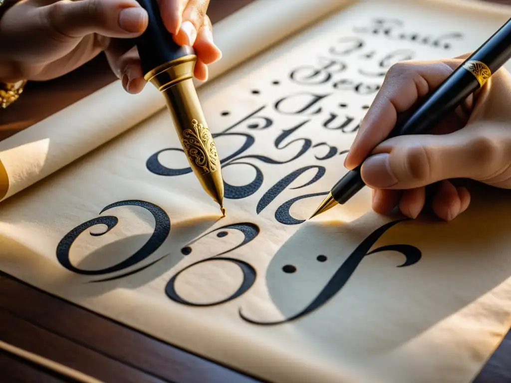 Un calígrafo habilidoso escribe con pluma en papel pergamino en una imagen detallada en 8k, evocando la caligrafía tradicional en la era digital