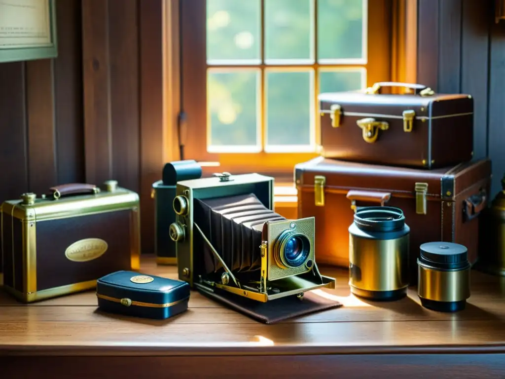 Una cámara de latón antigua reposa sobre una mesa de madera envejecida, rodeada de equipo fotográfico vintage