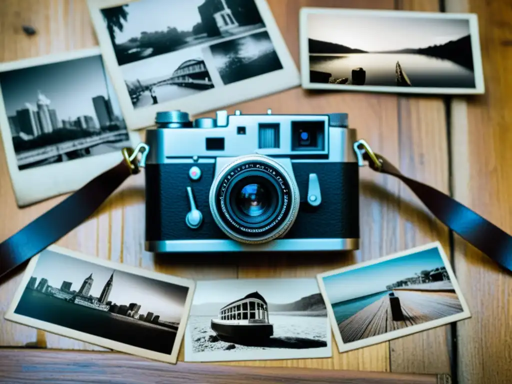 Una cámara de cine vintage reposa en una mesa de madera envejecida, rodeada de fotografías antiguas