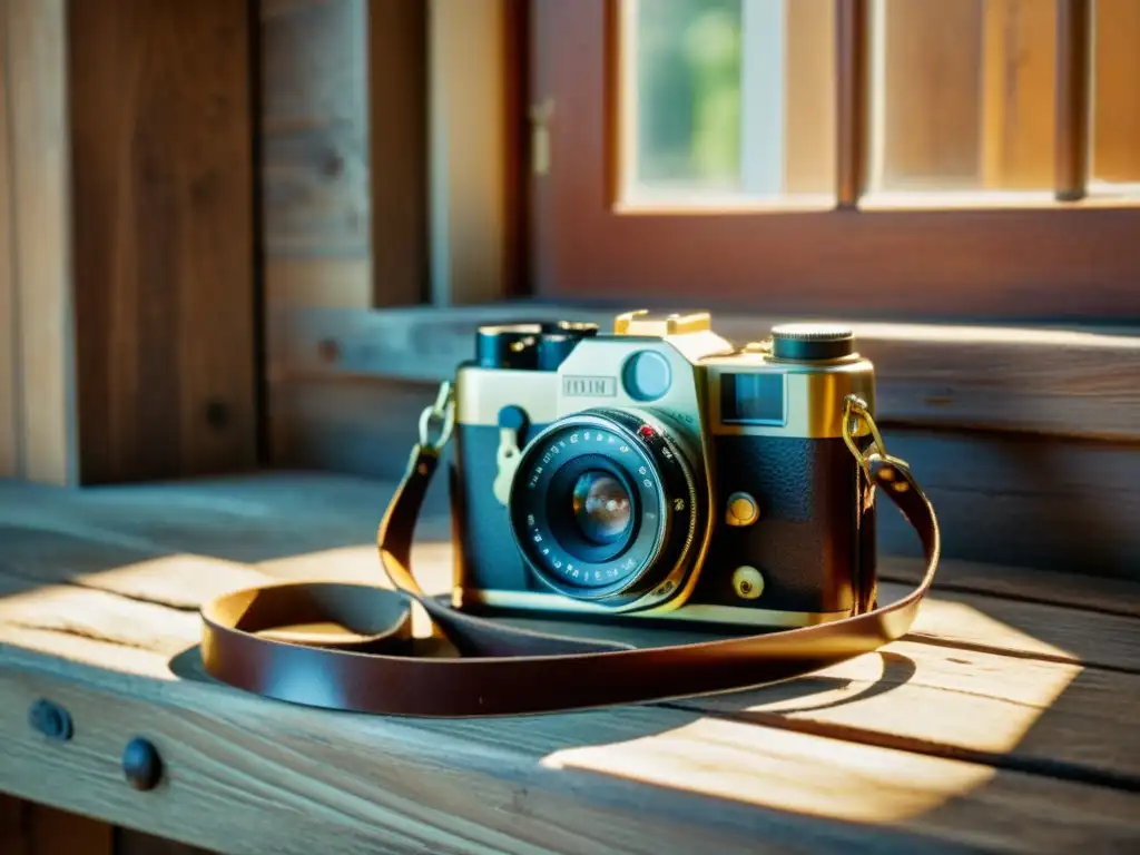 Una cámara de cine vintage reposa sobre una mesa de madera envejecida, rodeada de rollos de película caducada, iluminada por una suave luz matutina