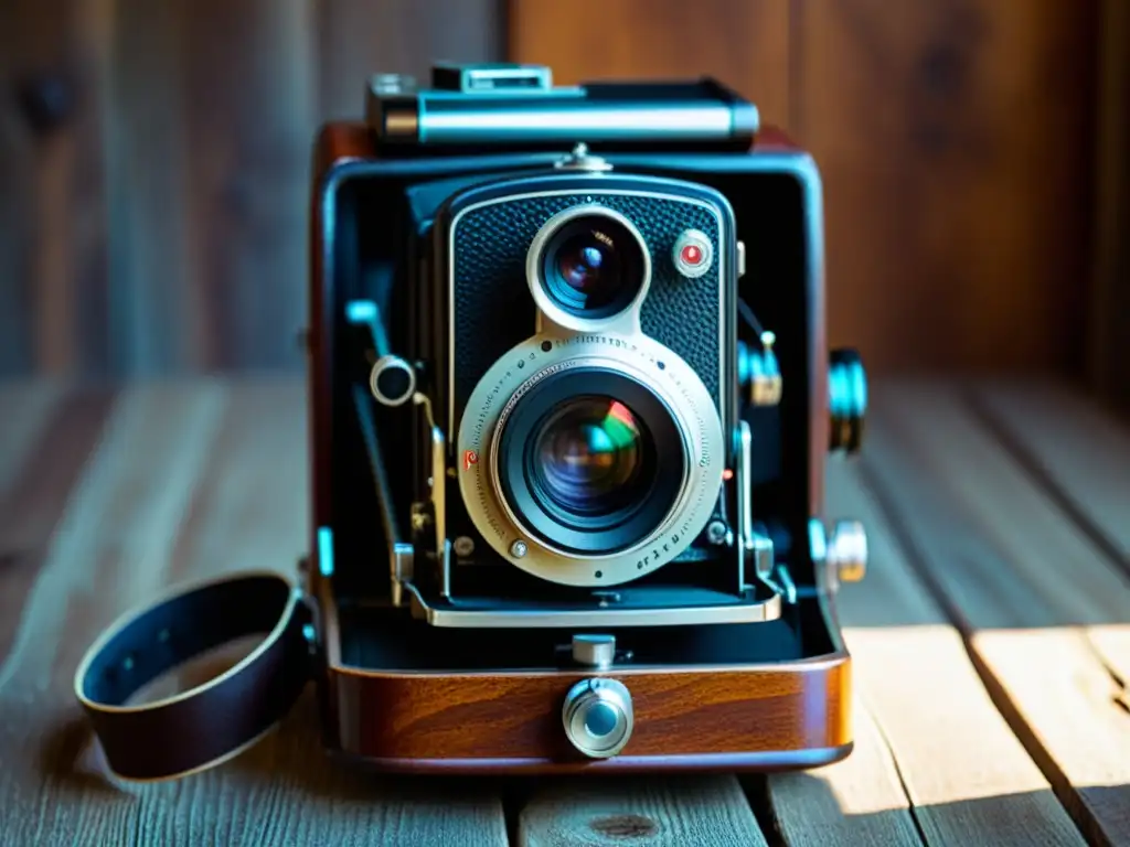 Una cámara vintage capturada en luz cálida resalta la artesanía de técnicas de fotografía artesanal