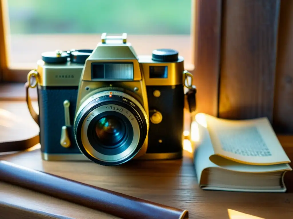 Una cámara vintage reposa sobre una mesa de madera envejecida, rodeada de rollos de película, libros de fotografía antiguos y una suave luz cálida que entra por una ventana cercana