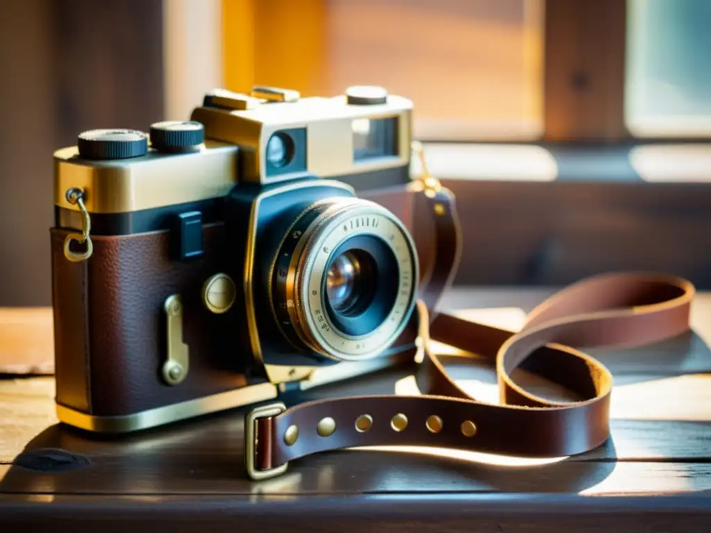 Una cámara vintage descansa en una mesa de madera con rollos de película expuesta, una correa de cuero y luz cálida