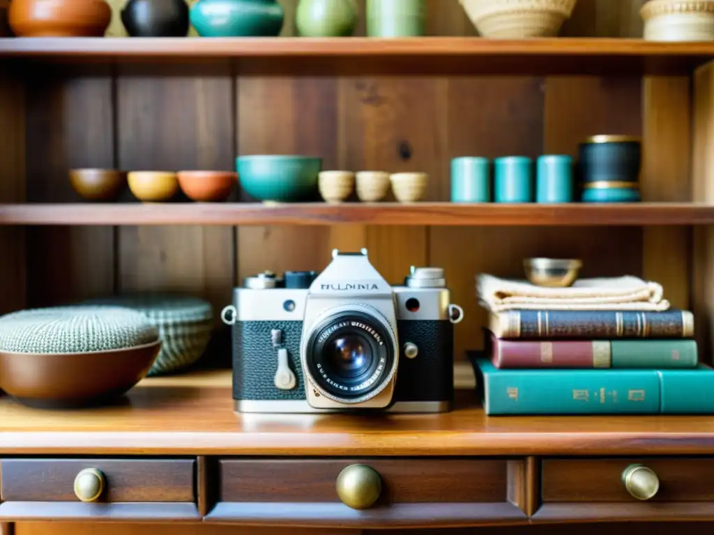Cámara vintage y artesanía en mesa de madera Una cámara vintage reposa sobre una mesa de madera rodeada de artesanías, creando una atmósfera nostálgica y acogedora