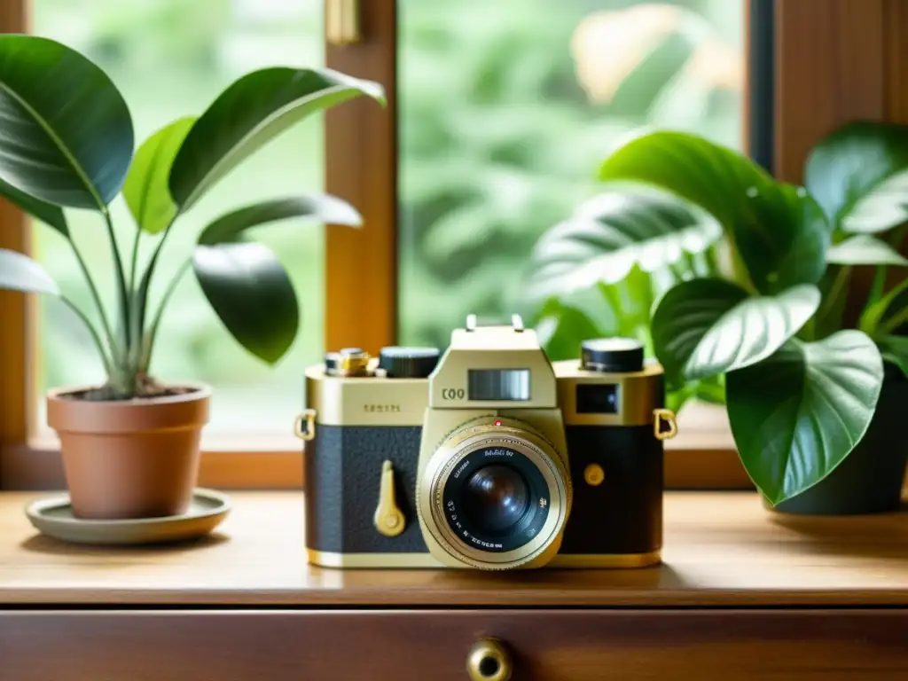 Una cámara vintage descansa sobre una mesa de madera rodeada de plantas verdes en macetas