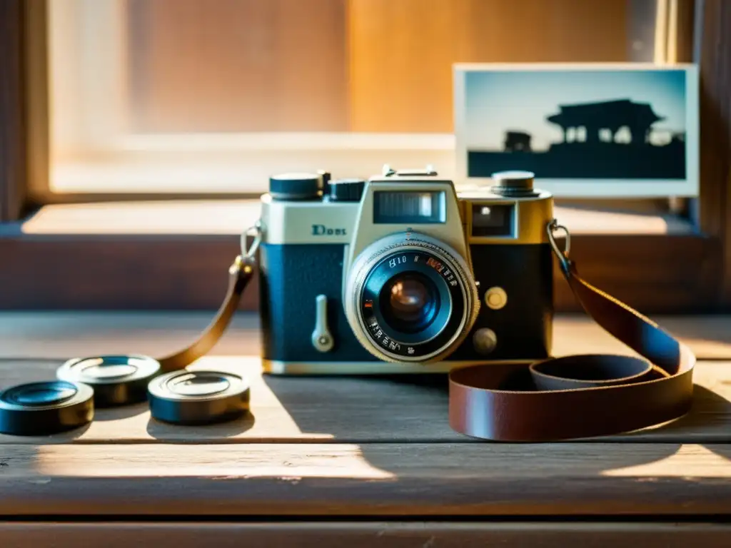 Una cámara vintage reposa sobre una mesa de madera envejecida, rodeada de rollos de película, fotos antiguas y una suave luz cálida