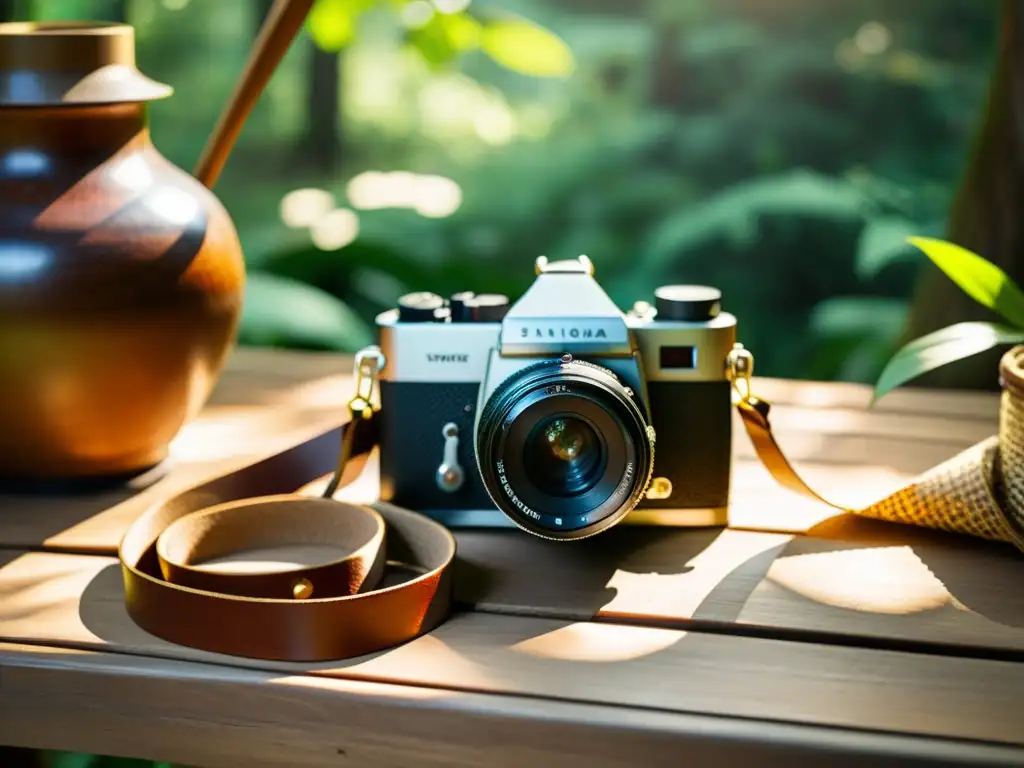 Una cámara vintage reposa sobre una mesa de madera en un claro de bosque, rodeada de artesanías y bañada por la luz del sol