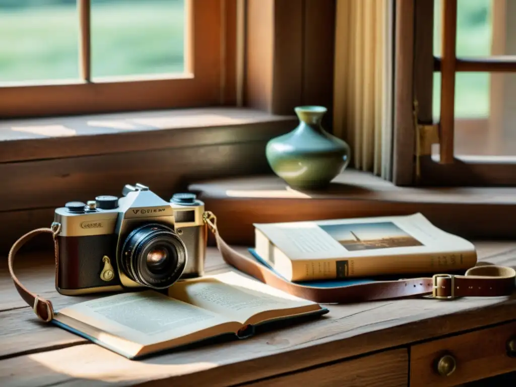 Una cámara vintage descansa en una mesa de madera desgastada, rodeada de artesanías y bañada por luz natural