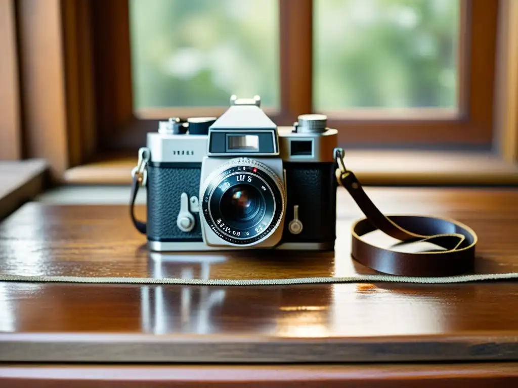 Una cámara vintage de 35mm descansa en una mesa de madera, iluminada por suave luz natural