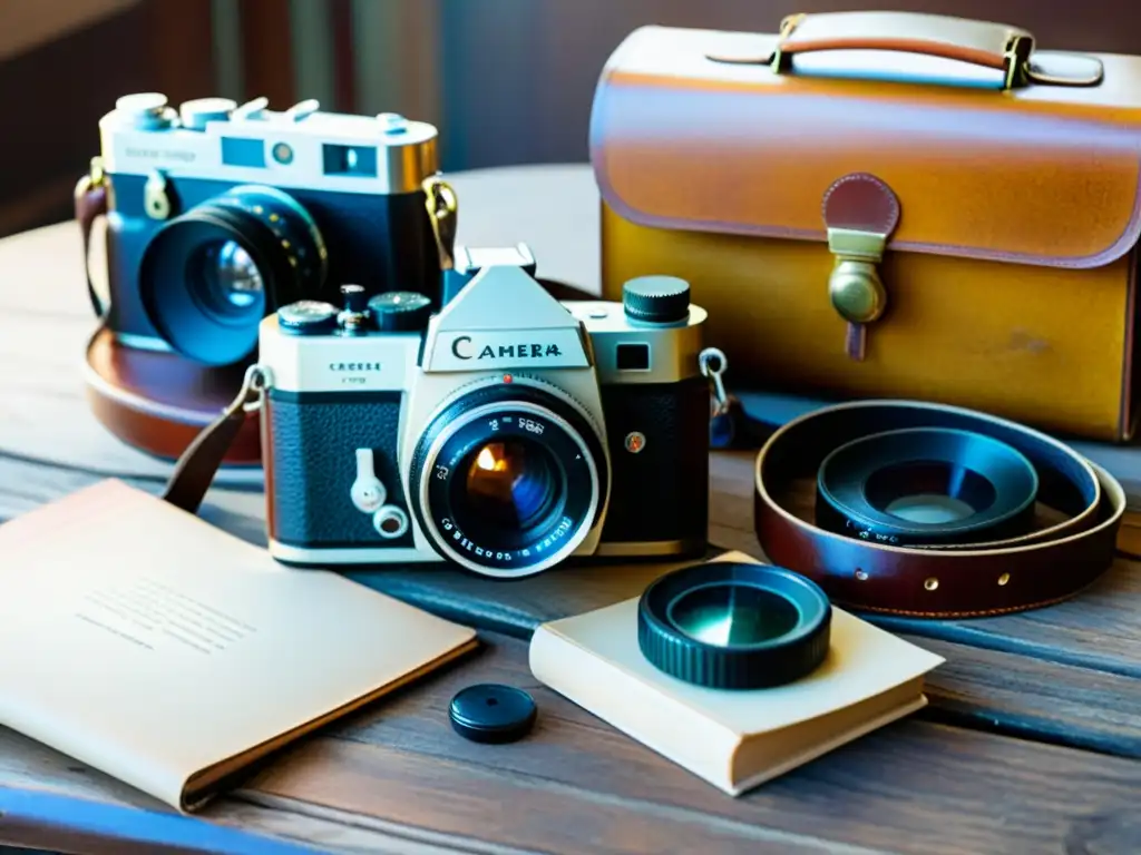 Una cámara vintage rodeada de equipamiento fotográfico para artesanía digital en una mesa de madera envejecida, bañada por una cálida luz nostálgica