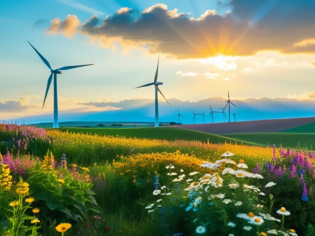 Un campo soleado con molino de viento rodeado de flores silvestres, cielo azul y atardecer dorado