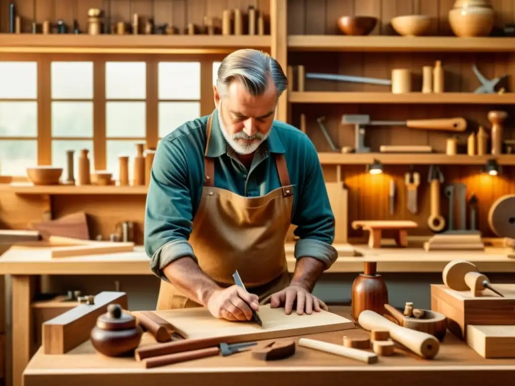 Un carpintero experto tallando a mano en su taller, rodeado de herramientas y creaciones de madera detalladas