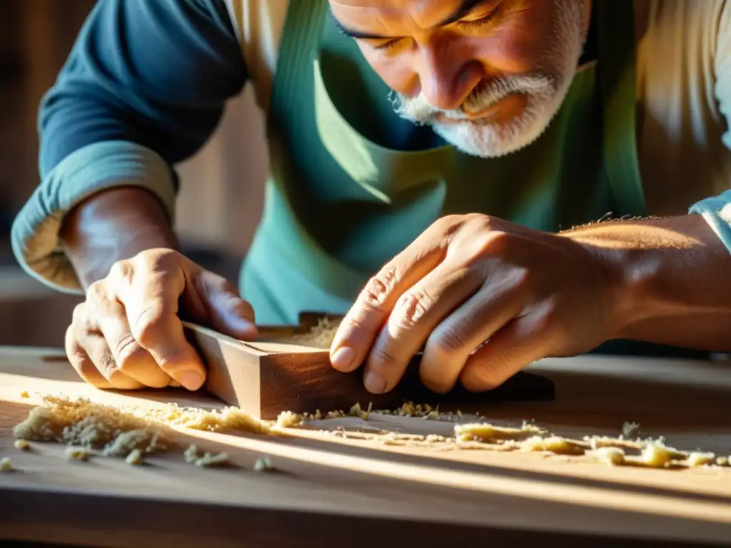 Un carpintero experto talla una mesa de madera con destreza, iluminado por luz natural