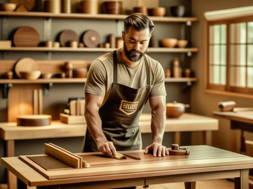 Un carpintero principiante orgulloso junto a una mesa de madera, con detalles digitales