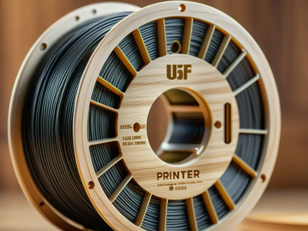 Un carrete de filamento de madera para impresión 3D, con textura y tonos cálidos que evocan artesanía vintage
