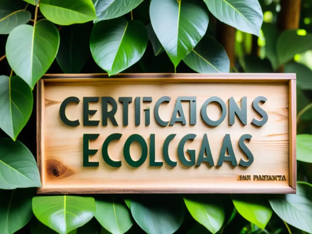 Un cartel de madera artesanal con las palabras 'Certificaciones Ecológicas' en tonos naturales, rodeado de vegetación exuberante