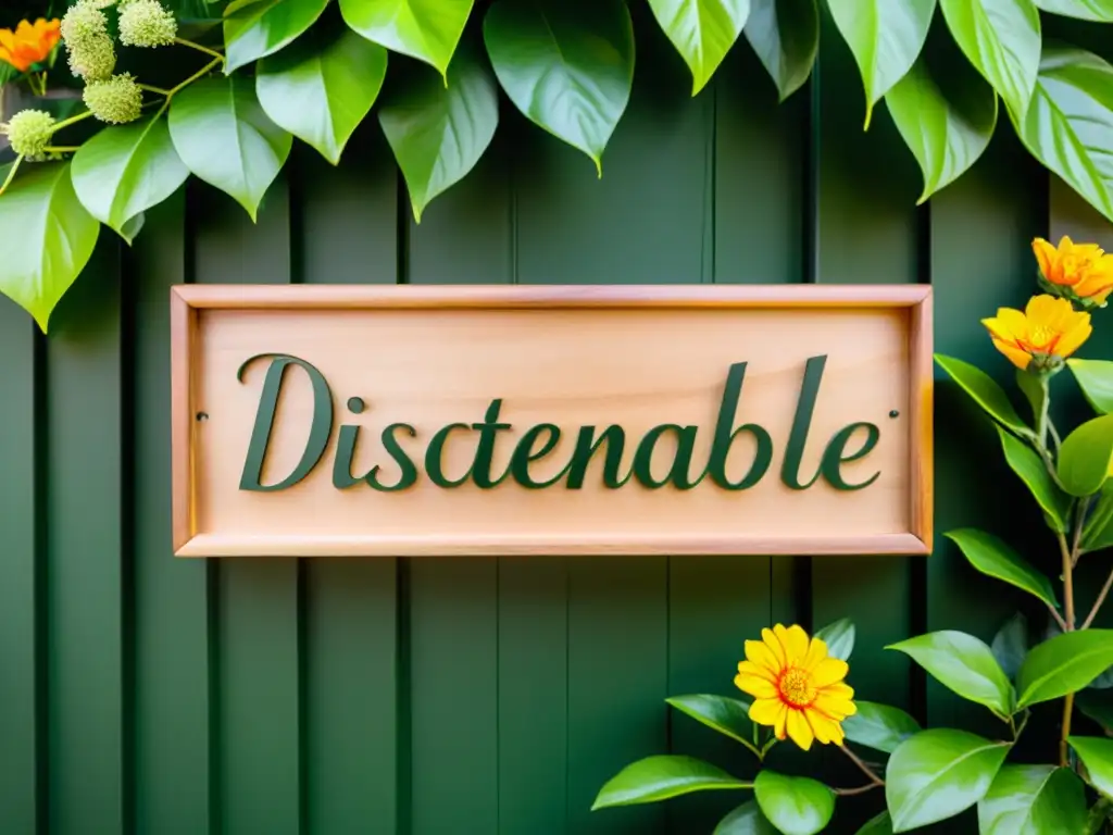 Un cartel de madera con la frase 'Diseño Sustentable' en letras elegantes, rodeado de vegetación exuberante y flores vibrantes bajo la luz dorada del sol, capturando la esencia de la estética de marca de diseño sustentable