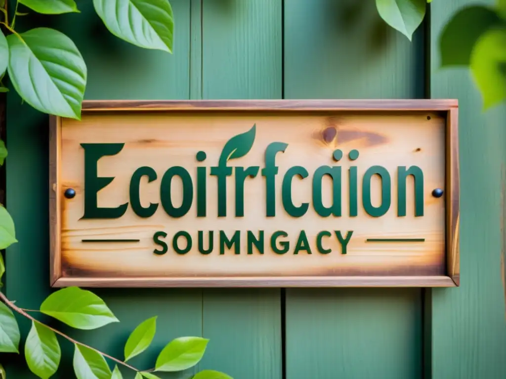 Cartel ecológico artesanal en entorno natural Un cartel rústico de madera con certificaciones eco productos artesanales digitales entre exuberante follaje iluminado por el sol