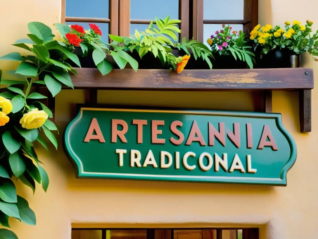 Un cartel vintage de 'Artesanía Tradicional' cuelga en una tienda artesanal, rodeado de naturaleza exuberante y flores vibrantes