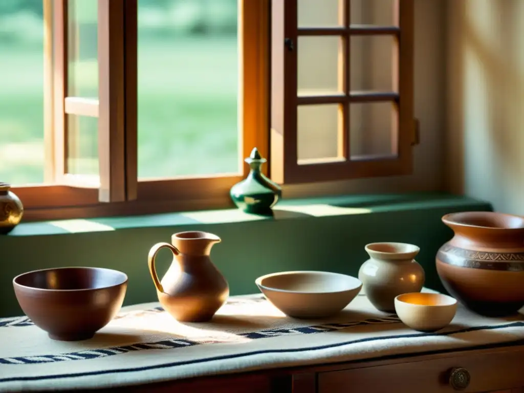 Una fotografía de catálogo de artesanía tradicional en una mesa de madera vintage, con productos artesanales como cerámica, textiles y joyería, bañados por una cálida luz natural