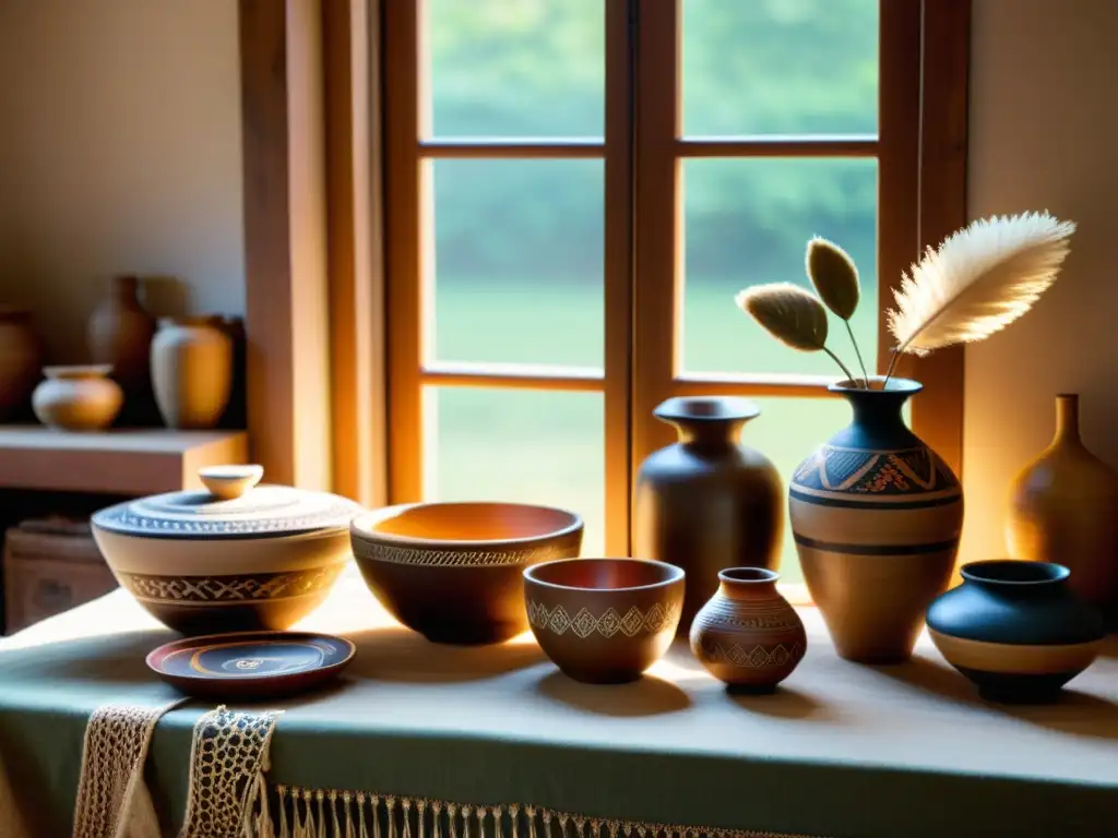 Una fotografía de catálogo de artesanía tradicional: una mesa rústica de madera con productos artesanales como cerámica, textiles tejidos y joyería