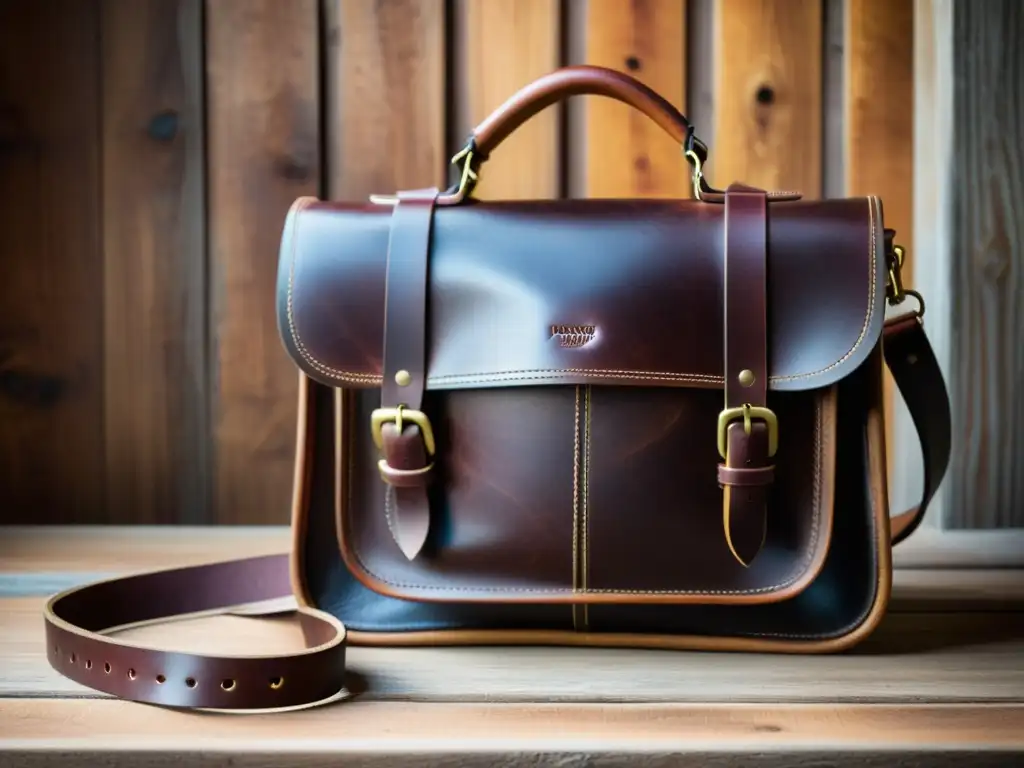 Fotografía de catálogo de artesanía tradicional: Detalle de bolsa de cuero artesanal con ricos tonos y texturas en madera envejecida