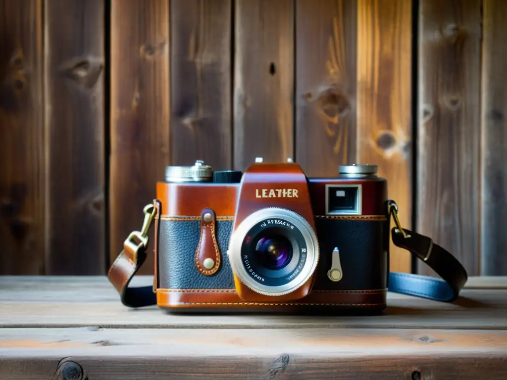 Una cautivadora fotografía de un estuche de cámara de cuero vintage, iluminado suavemente, resaltando su rica pátina y detalles artesanales