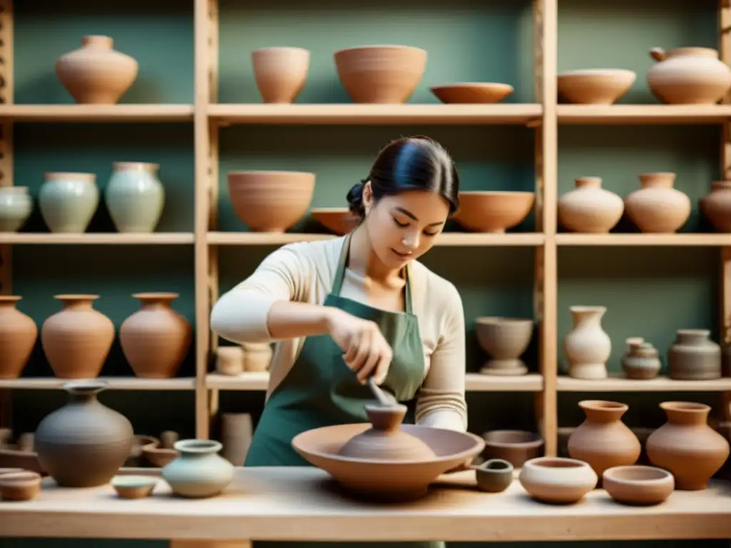 Un ceramista trabaja en su taller rodeado de piezas de cerámica artesanales