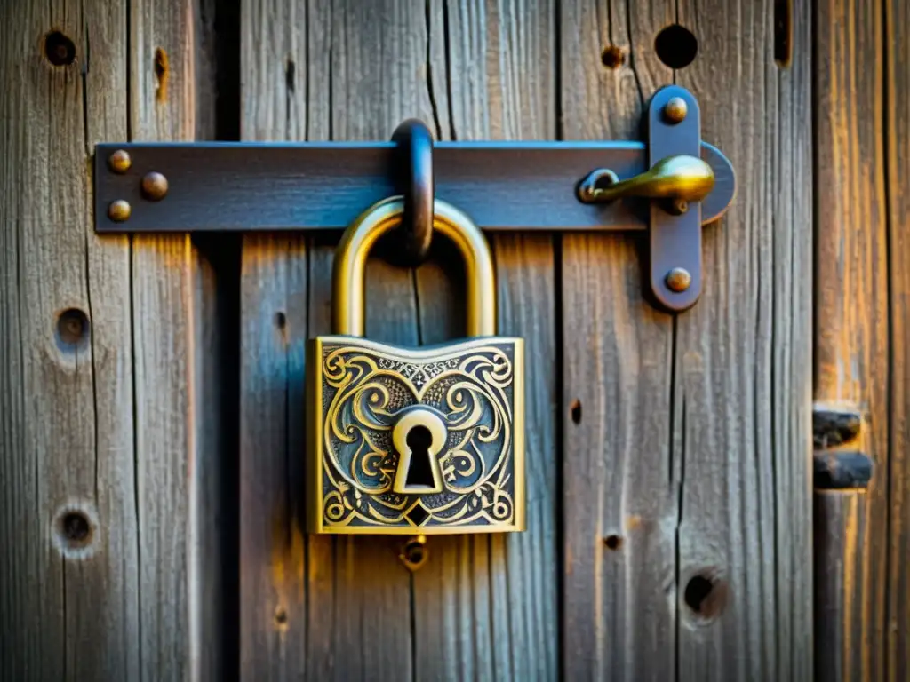 Una cerradura vintage de latón envejecido sobre madera, evocando seguridad y nostalgia