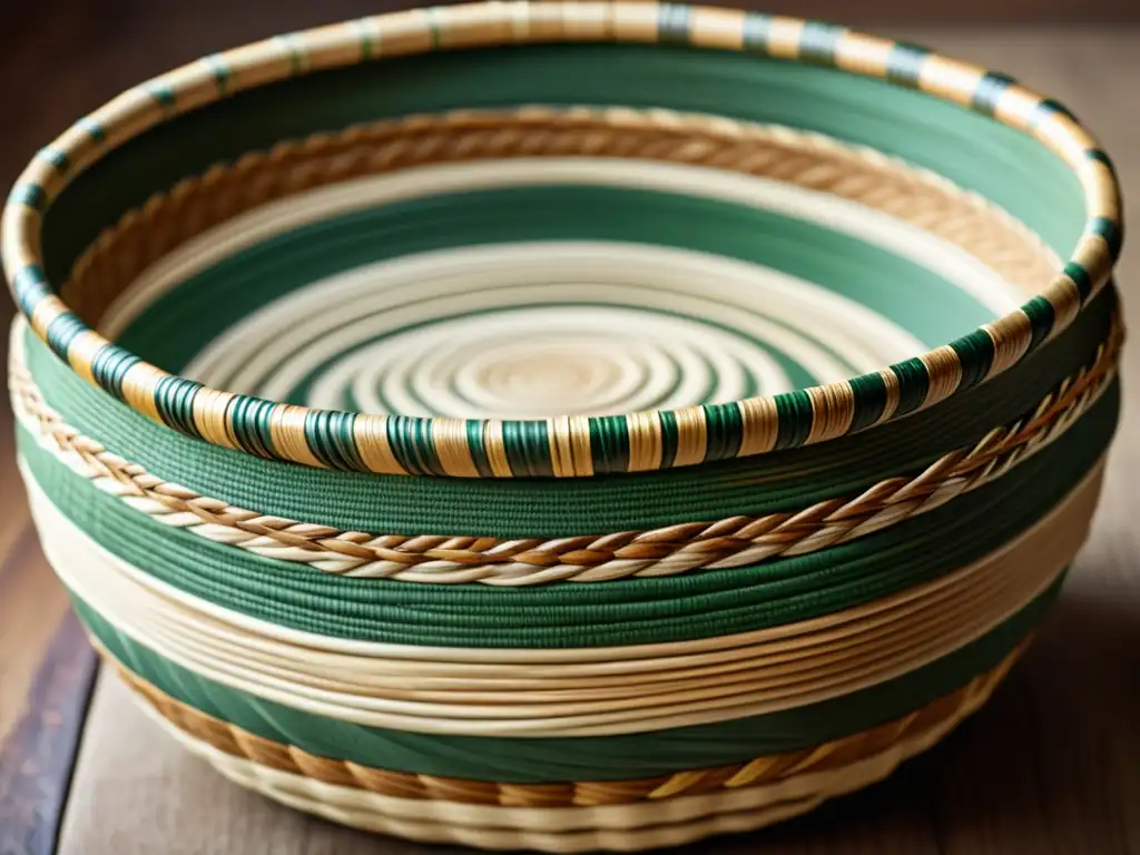 Cesta tejida tradicional: patrones y texturas en tonos terrosos Una cesta tejida tradicional en tonos terrosos, iluminada por luz natural