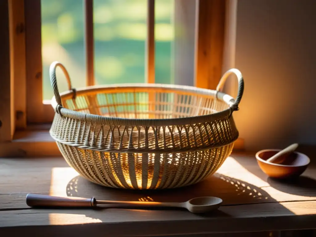 Cesta de mimbre tejida a mano con herramientas vintage Una cesta de mimbre tradicional con diseño paramétrico, iluminada por la cálida luz del sol, rodeada de herramientas de tejido y fibras sueltas
