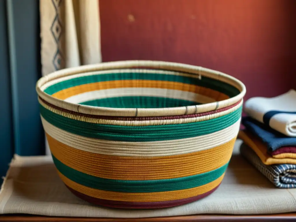Cesta tradicional tejida a mano: artesanía y colores vibrantes Una cesta tradicional tejida a mano con intrincados diseños y colores vibrantes, evocando artesanía tradicional y diseño paramétrico